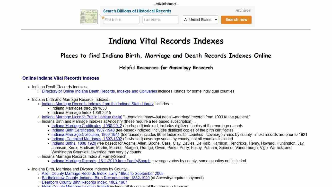 Indiana Vital Records Indexes - Birth, Marriage & Death Records