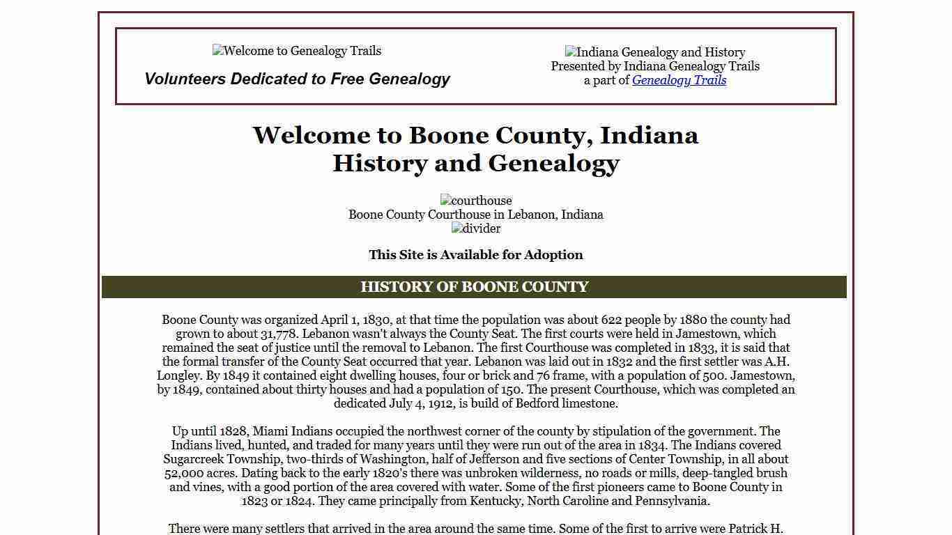 Boone County, Indiana Genealogy and History
